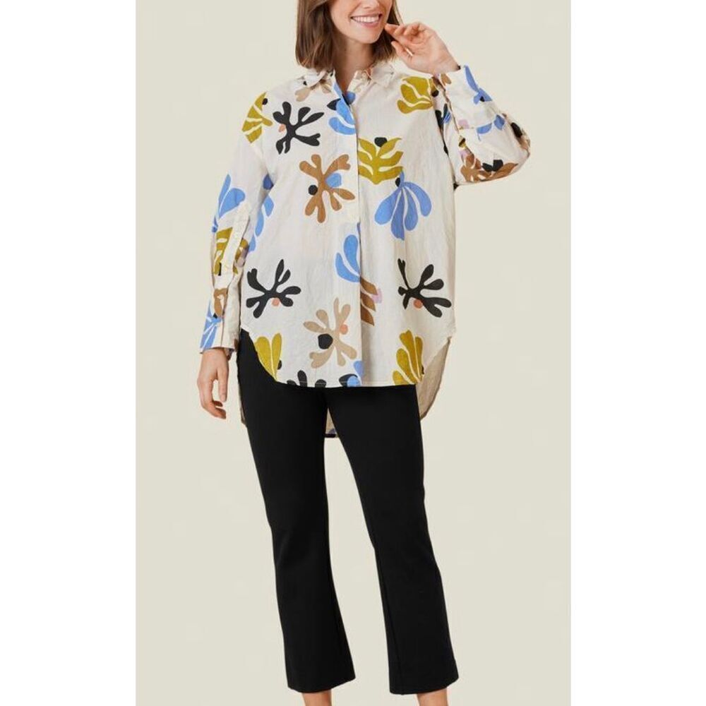 NWT Masai Copen Hagen Gila Abstract Flower Button-Up Cotton Tunic Blouse Medium